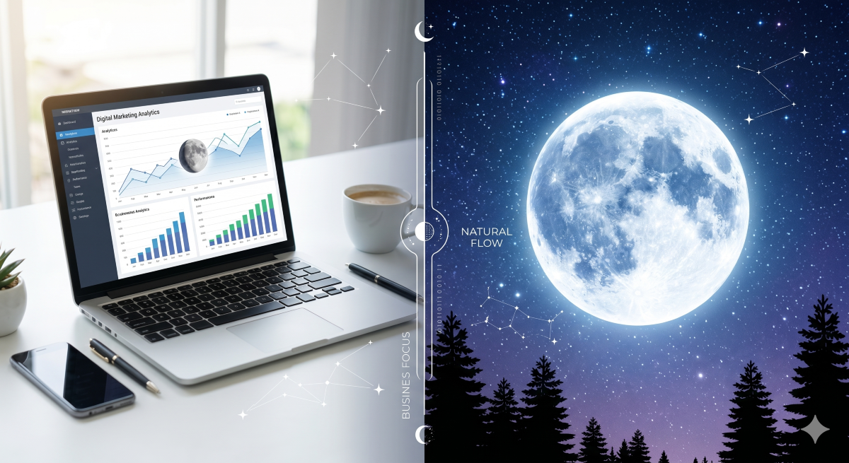 Collage de Marketing Lunar: dashboard de marketing junto a la luna llena en un bosque nocturno