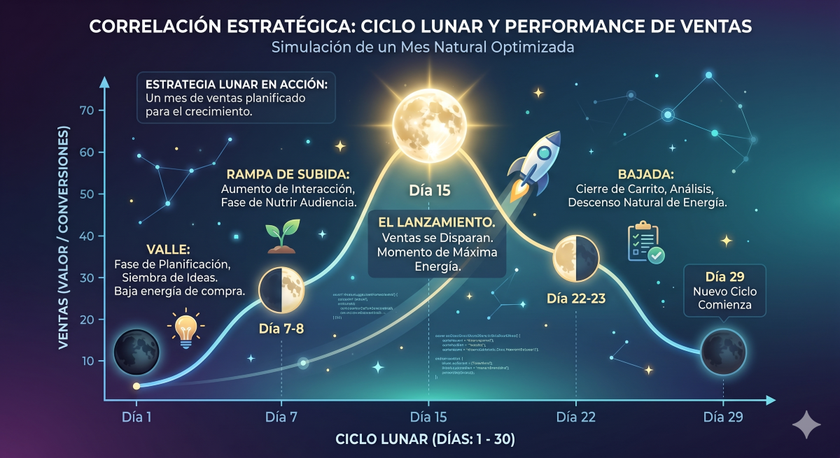 Gráfica de correlación entre ciclo lunar y performance de ventas, con fases lunares marcando hitos del mes
